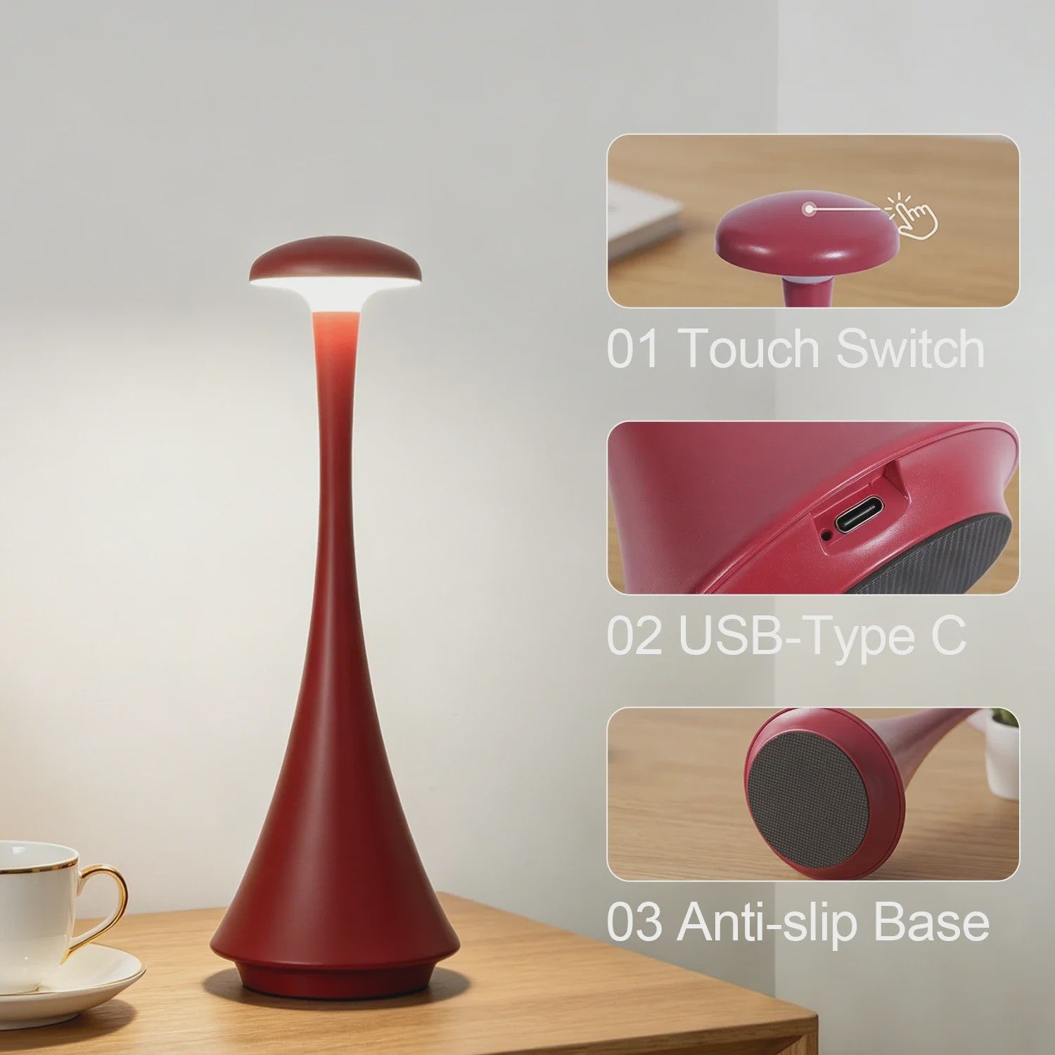 Draadloze Mushroom Tafellamp LED - Oplaadbaar & Dimbaar met Touch Bediening
