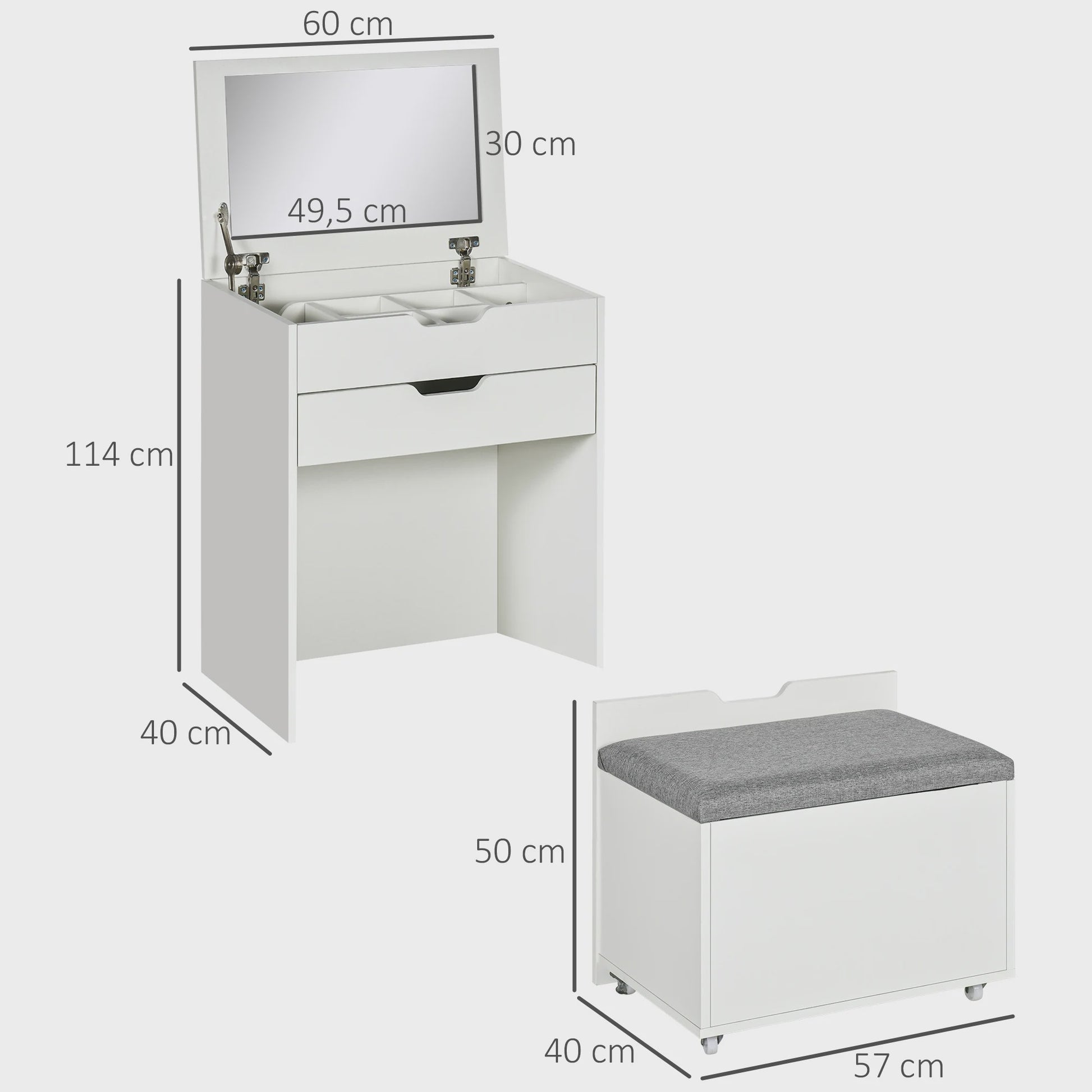 Stijlvolle Make-up Tafel met Inklapbare Spiegel, Kruk en Veel Opbergruimte