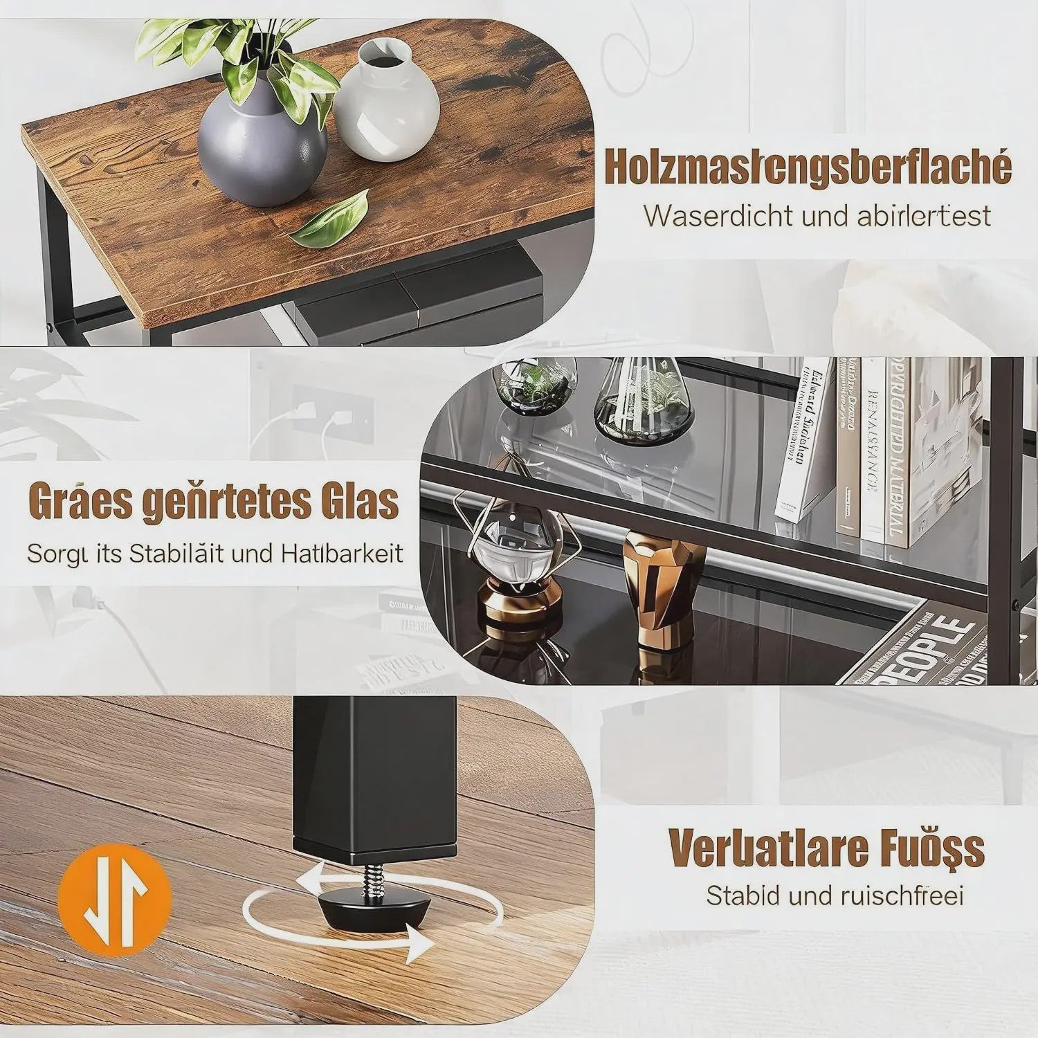 Industriële Vintage Console Tafel met 4 Niveaus en Glazen Bladen
