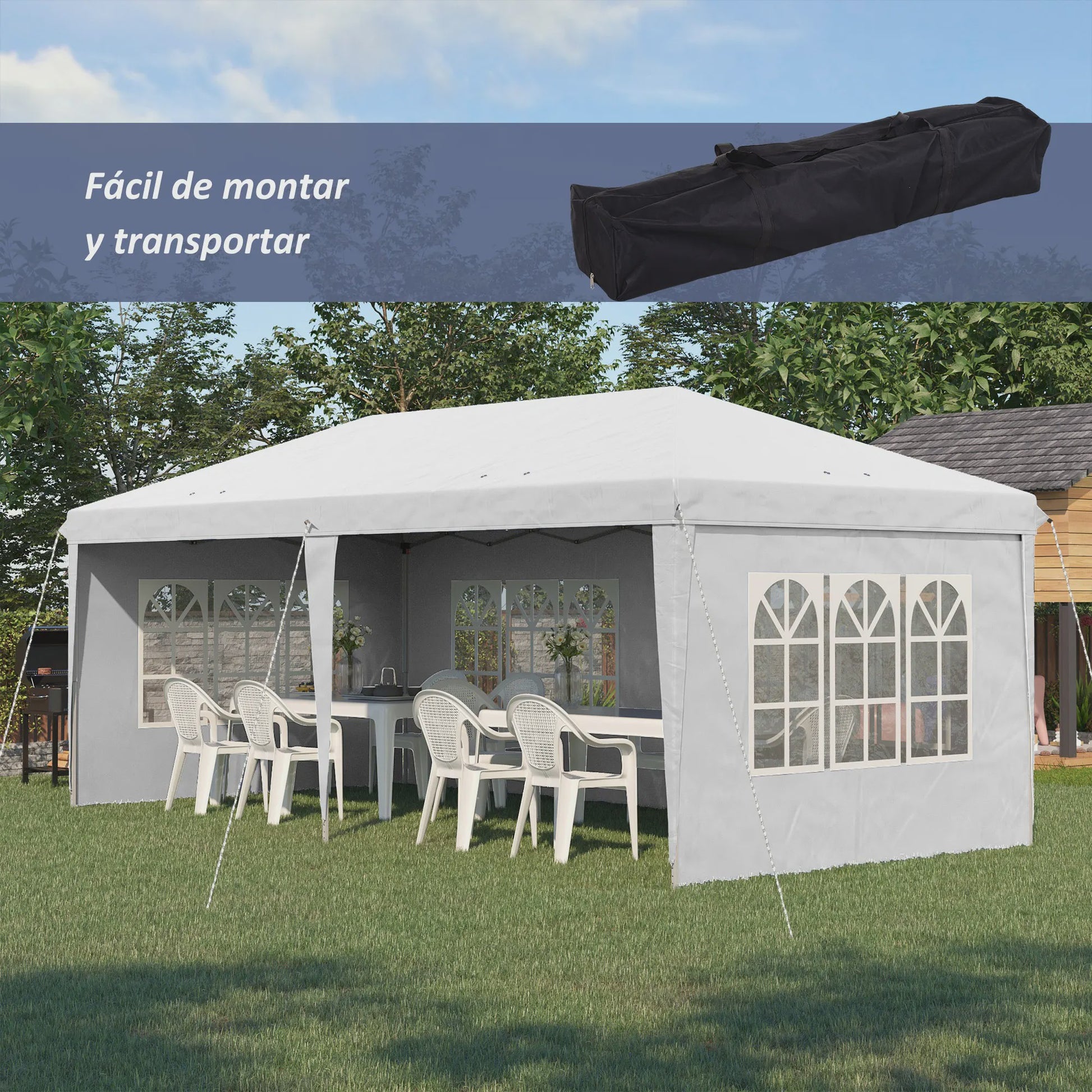 Outsunny Partytent 6x3m Pop-Up Gazebo met 4 Afneembare Zijwanden en Ramen, Waterdicht, UV-beschermend, Wit