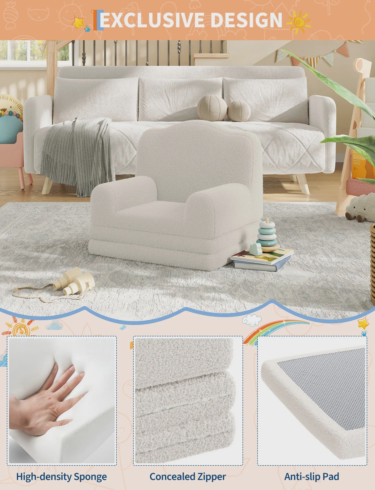 Kinderfauteuil omklapbaar tot slaapbank - Zachte Sherpa stof, Kroon design
