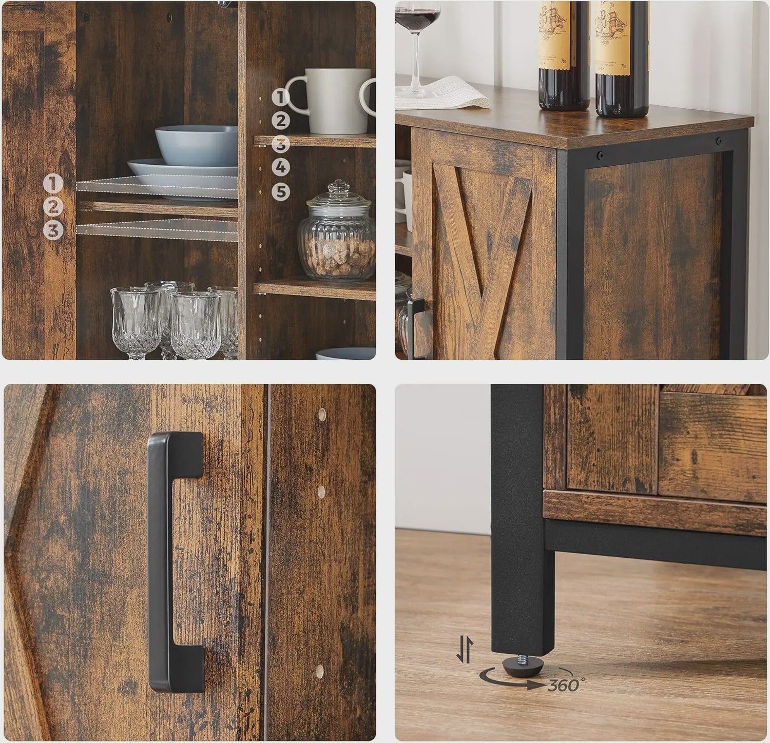 VASAGLE Sideboard Keukenkast met Open Planken - 100x35x70 cm - Rustiek Hout & Zwart Metaal