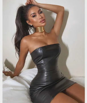 Zwarte Strapless PU Leren Mini Jurk - Sexy Bodycon Feestjurk