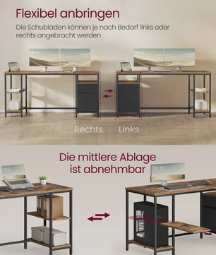 VASAGLE Bureau met 3 Planken en 2 Lades - 160x60x76 cm - Industrieel Design