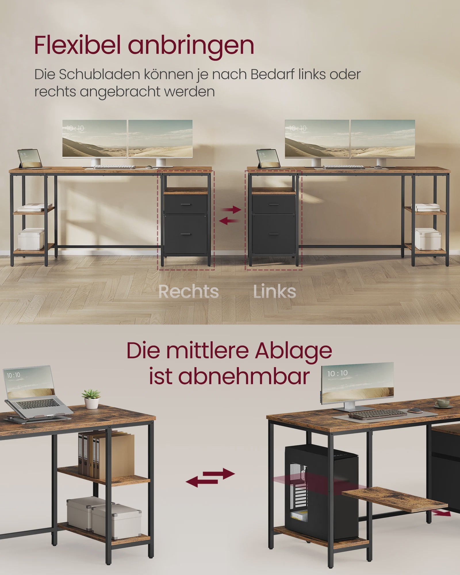 VASAGLE Bureau met 3 Planken en 2 Lades - 160x60x76 cm - Industrieel Design