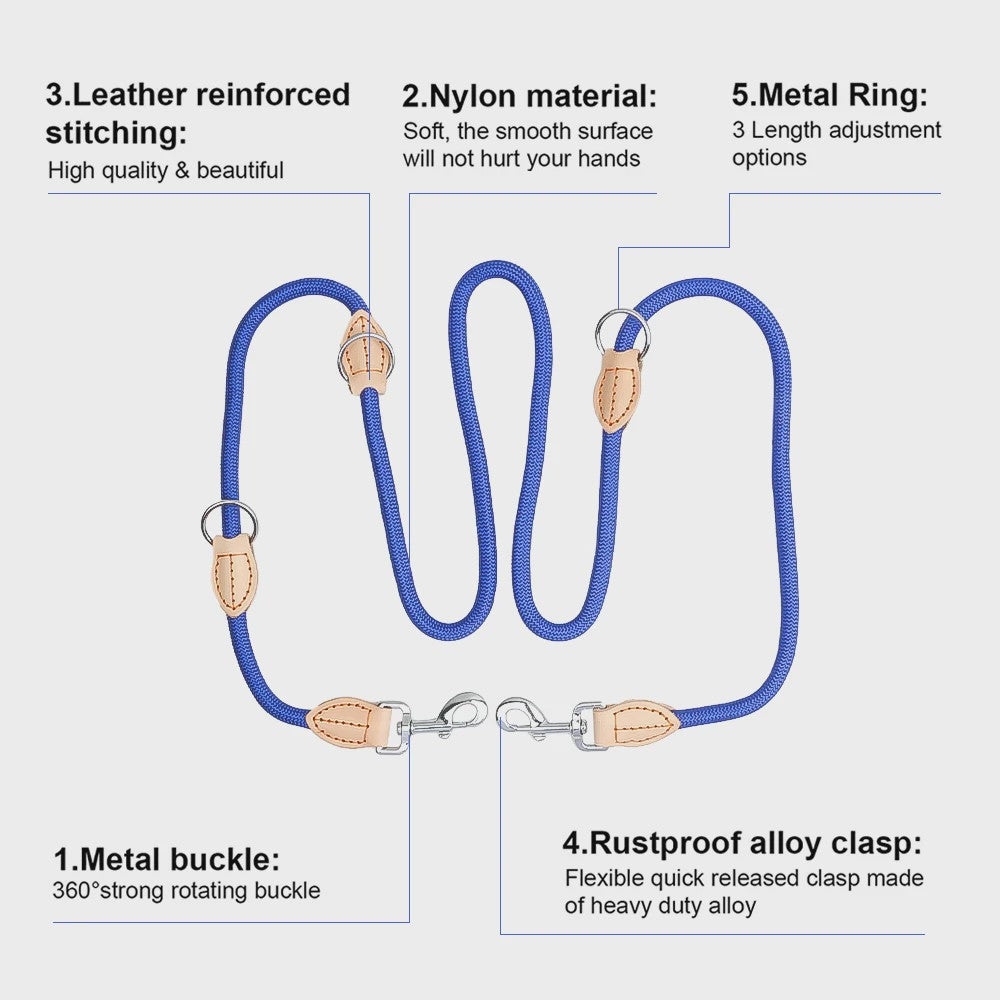 Verstelbare Nylon Dubbele Hondenlijn - Handsfree en Multifunctioneel voor 1 of 2 Honden