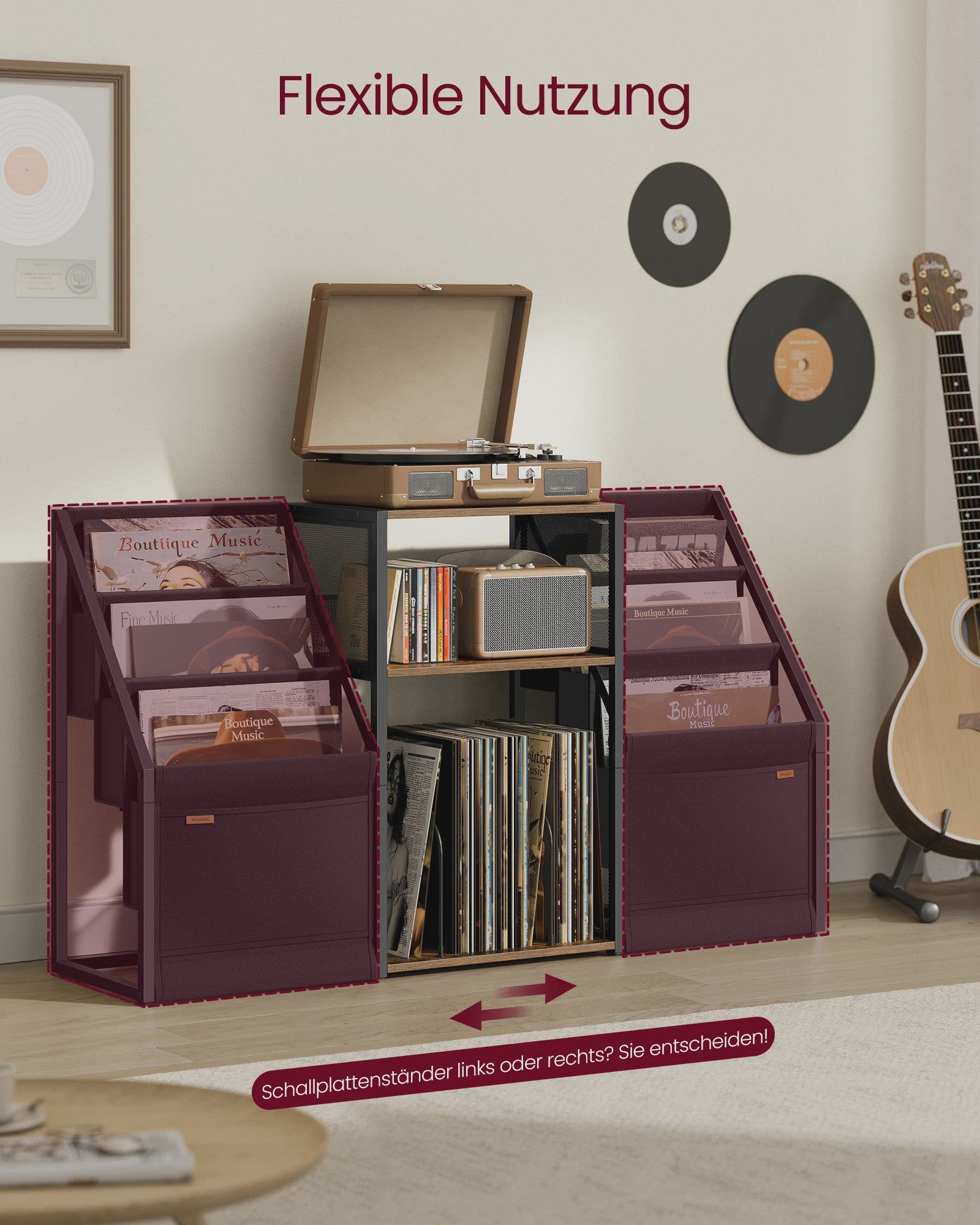 VASAGLE Platenkast met Draaitafelstandaard - 3 Verdiepingen voor Vinyl & Muziekapparatuur