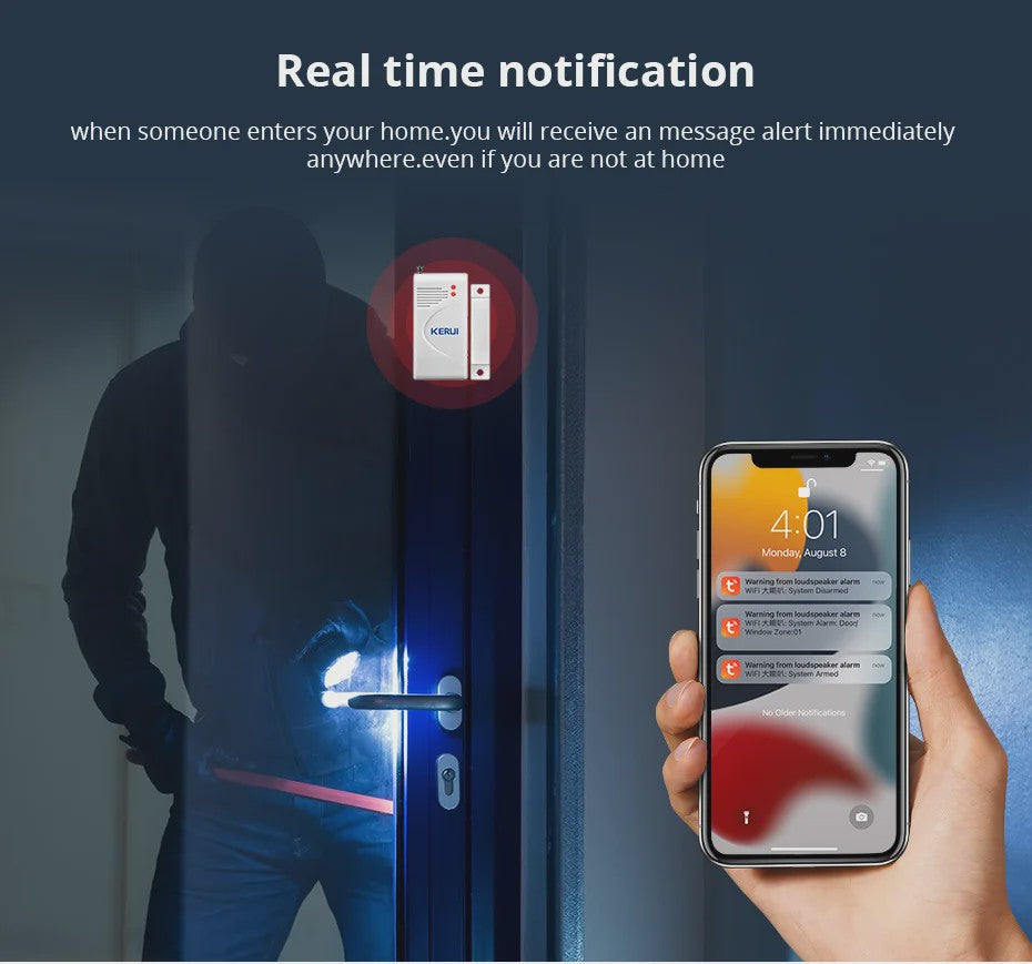 KERUI Slimme WiFi Sirene Alarm - 110dB Luide Luidspreker met Bewegings- en Deur/Raam Sensoren
