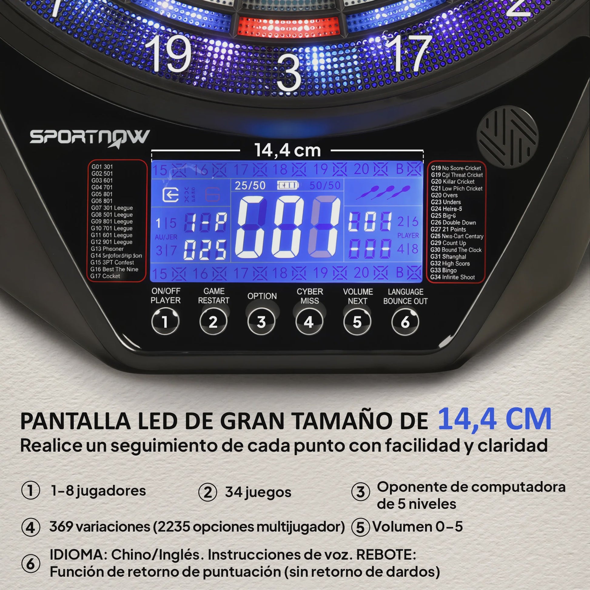 Sportnow Elektronisch Dartbord met LED Scherm, 34 Spellen en 6 Darts - Multicolor