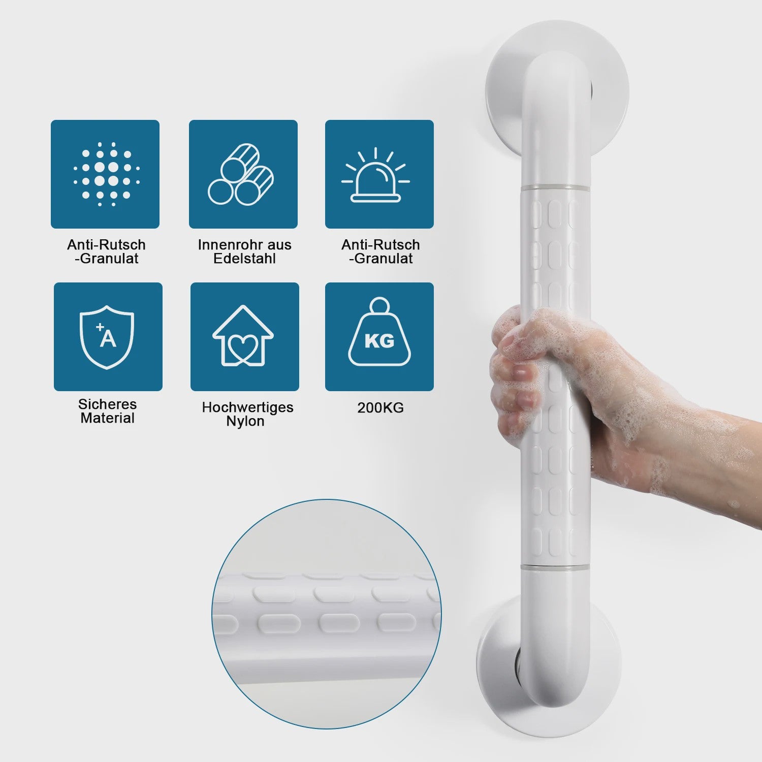Antislip Beugel 35cm Wit RVS - Veiligheidshandgreep met Fluoriserende Ring voor Badkamer & Douche