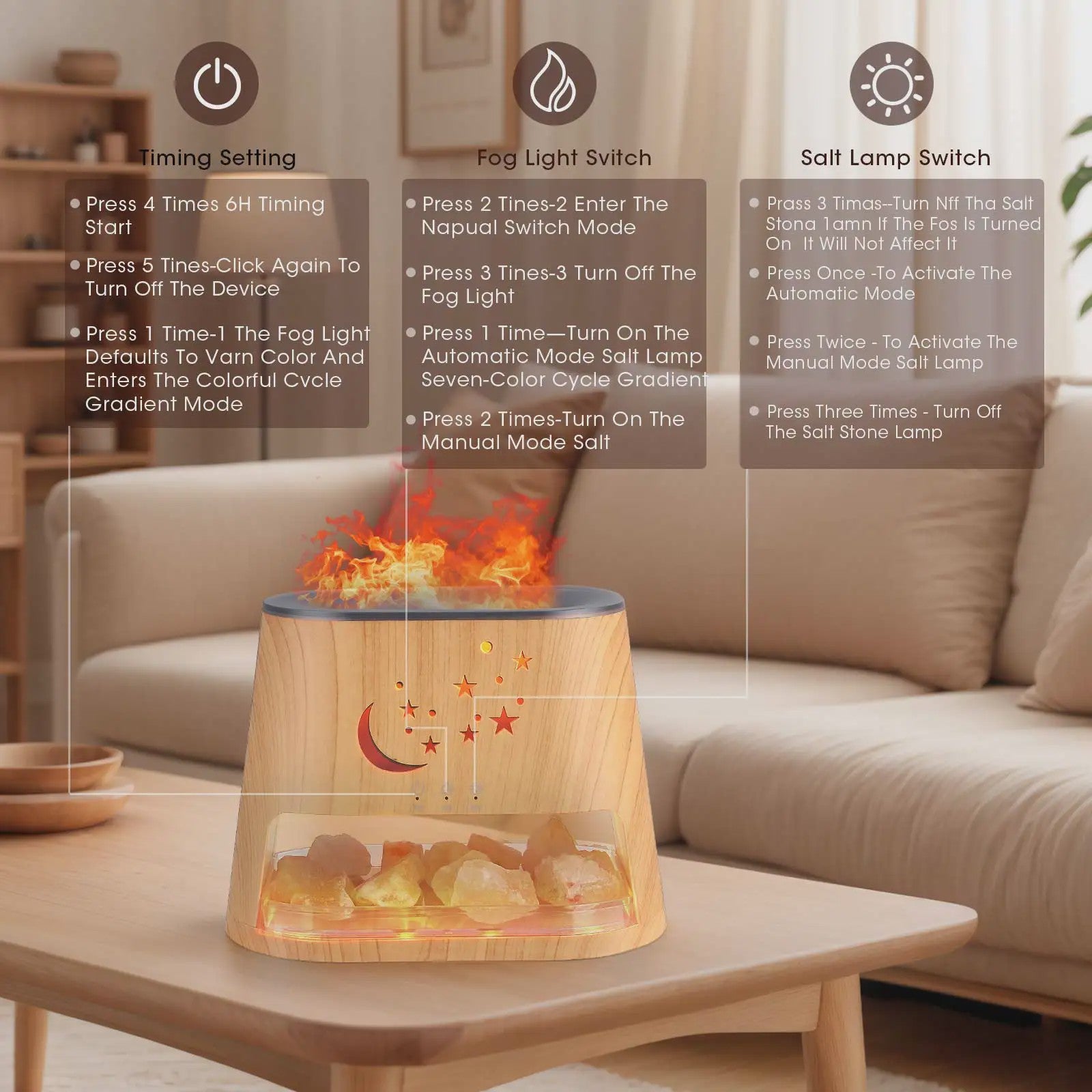 2-in-1 Aroma Diffuser met Himalayazout Lamp & Vlam Effect - 260ML, 7 Kleuren