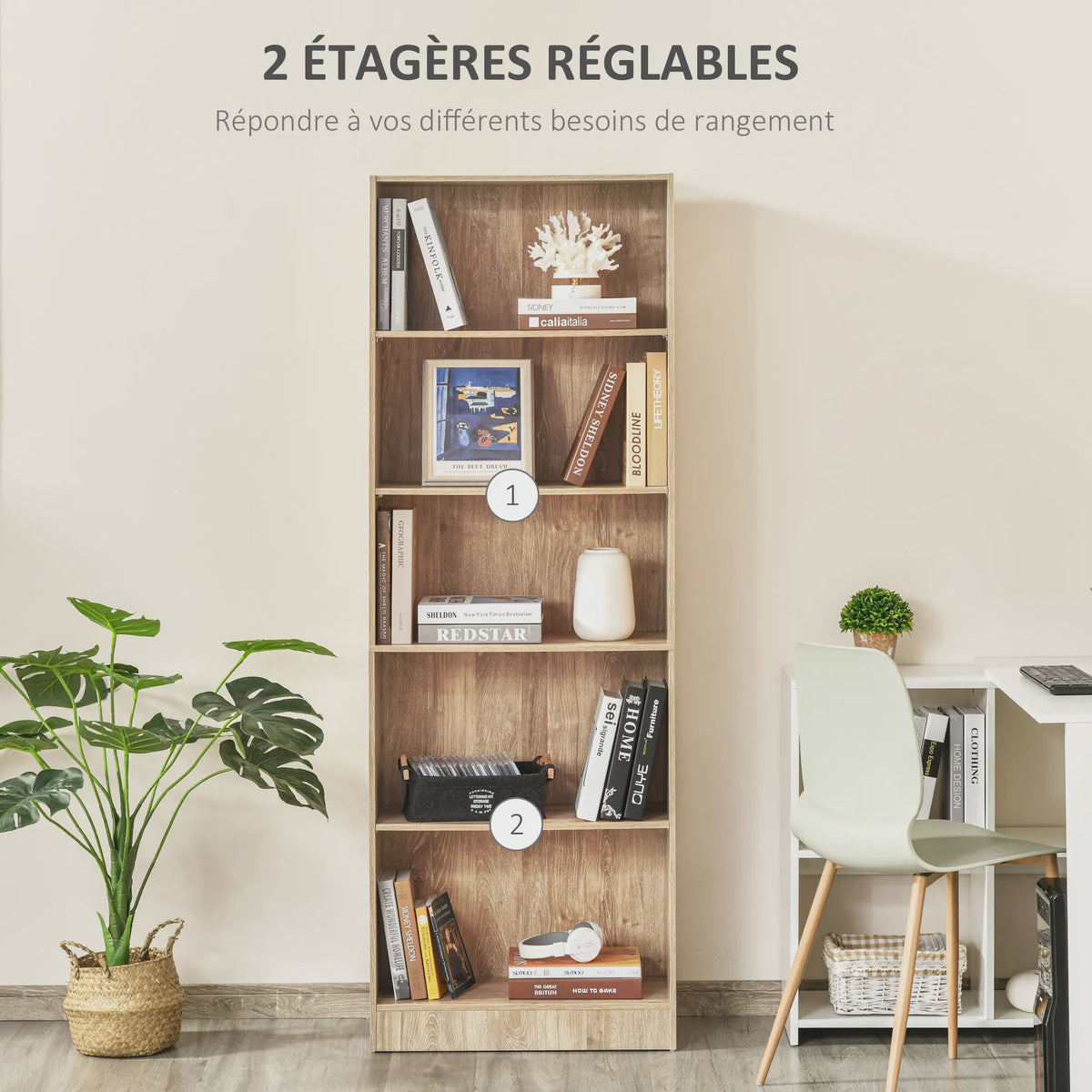 HOMCOM Boekenkast 5 Niveaus - Natuurlijk Hout Design - 63x29,2 cm