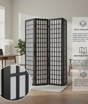Zwart Houten Kamerscherm met 4 Panel - Japans Design & Ruimteverdeler