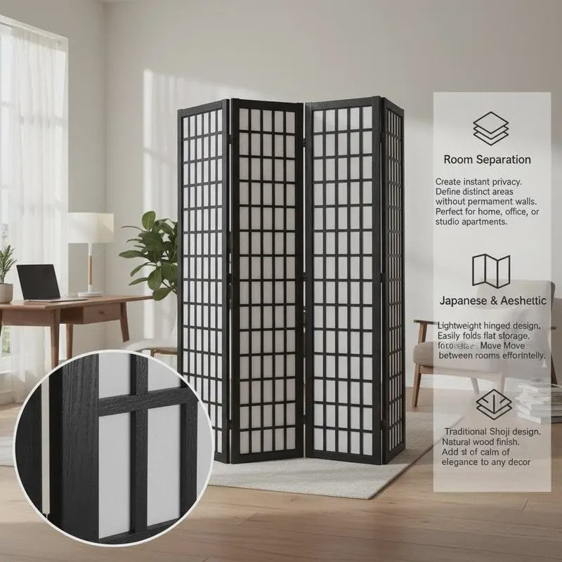 Zwart Houten Kamerscherm met 4 Panel - Japans Design & Ruimteverdeler