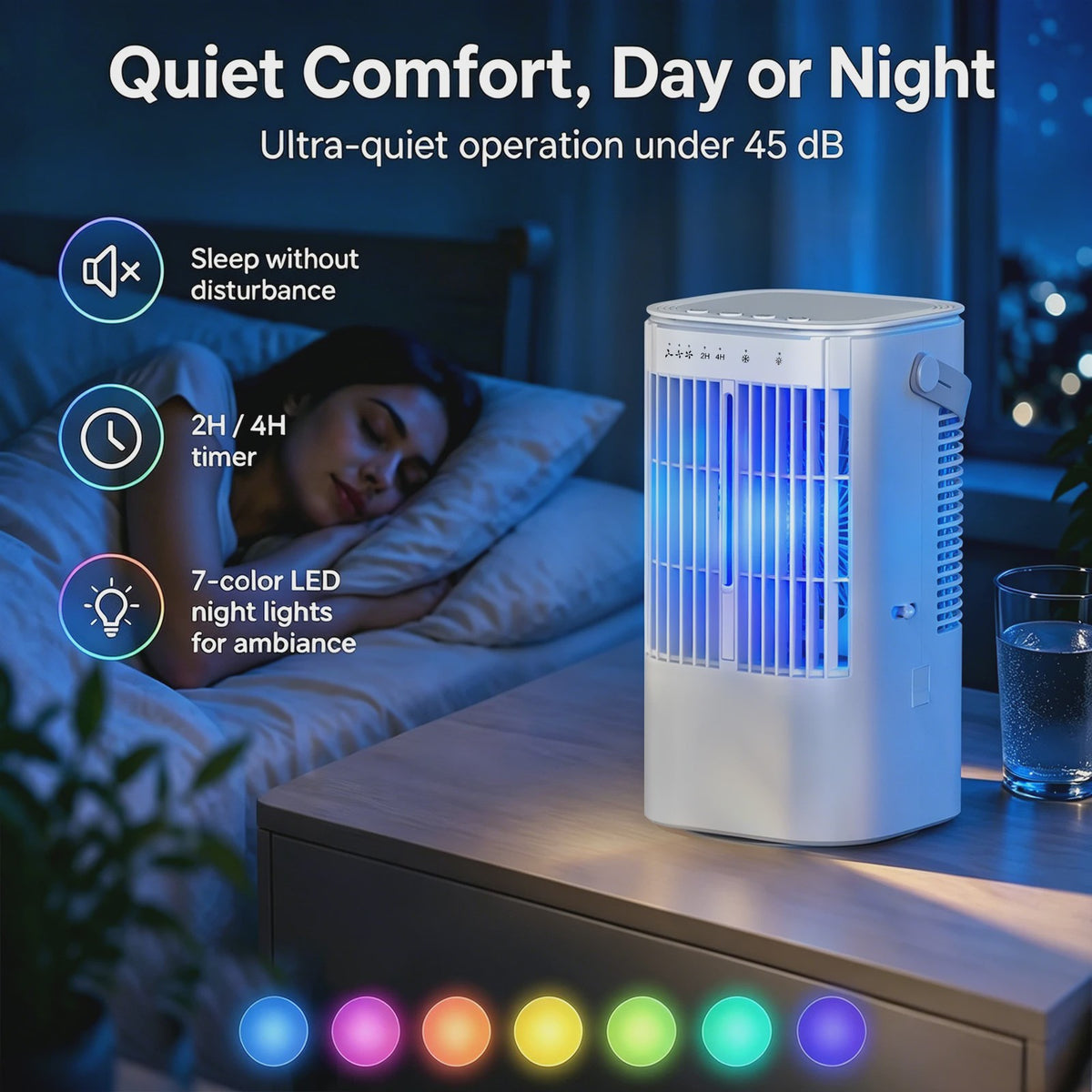 Draagbare Ventilator met 900ml Tank, 7-kleuren Nachtlampje & USB - Ideaal voor Huis en Kantoor