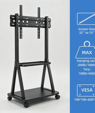 Verrijdbare TV Standaard voor 32-75 Inch TV's met 2 Legborden & Hoogteverstelling