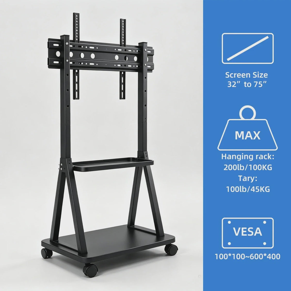 Verrijdbare TV Standaard voor 32-75 Inch TV's met 2 Legborden & Hoogteverstelling