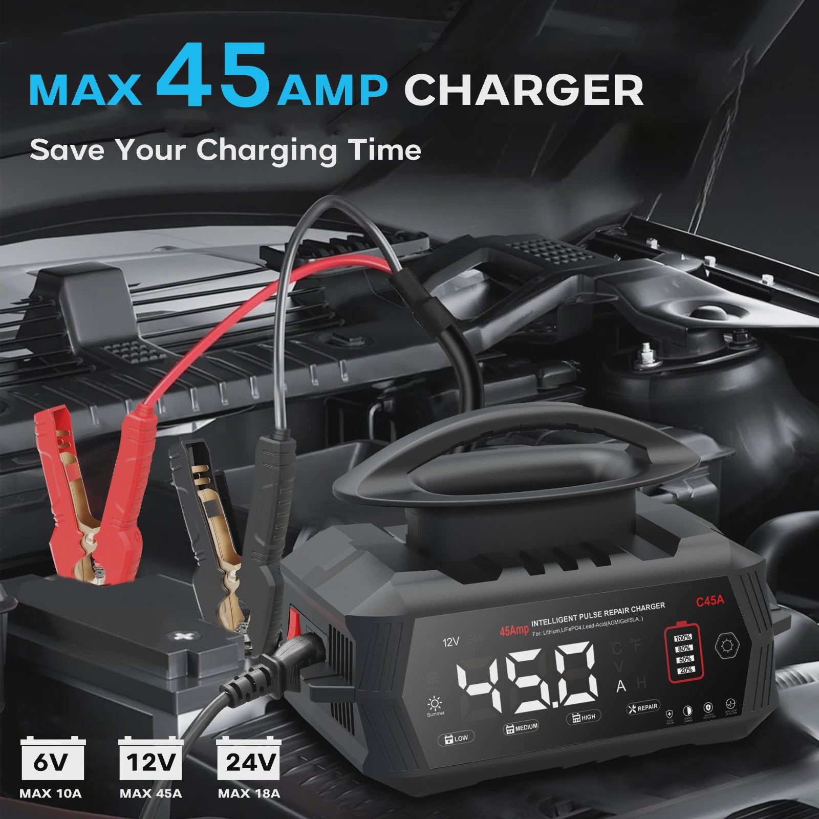Intelligente Acculader 6V/12V/24V - 45A Slimme Batterij Herstel Lader voor Auto, Motor, Lifepo4, AGM, Gel