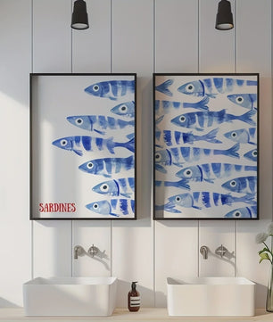 Retro Blauwe Sardine Canvas Poster - Mediterrane Stijl Wanddecoratie
