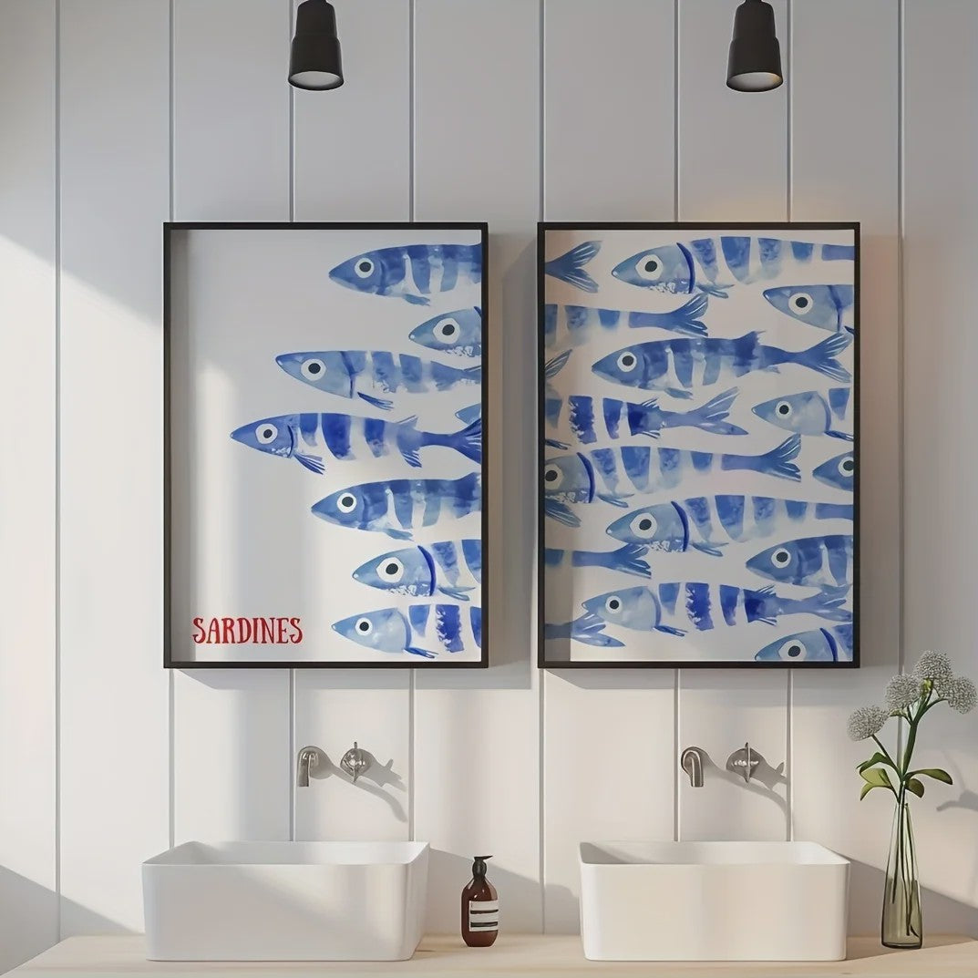 Retro Blauwe Sardine Canvas Poster - Mediterrane Stijl Wanddecoratie