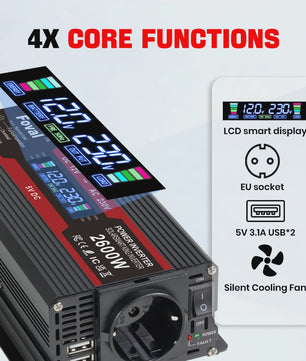 Krachtige 1500W-3000W Auto Omvormer (DC12V/24V naar AC230V) met LCD, USB & EU-stopcontact
