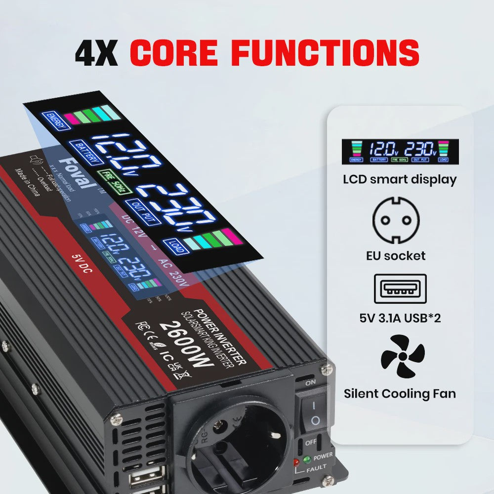 Krachtige 1500W-3000W Auto Omvormer (DC12V/24V naar AC230V) met LCD, USB & EU-stopcontact