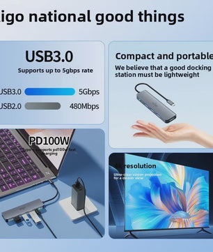 Aigo USB-C Hub met HDMI, PD Snellaadpoort en 3x USB 3.0 voor Laptops