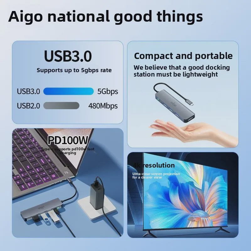Aigo USB-C Hub met HDMI, PD Snellaadpoort en 3x USB 3.0 voor Laptops