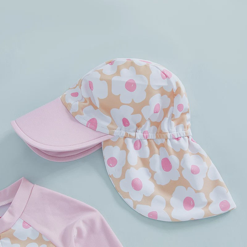 Meisjes Zwempak Lange Mouwen met Zonnehoed - Bloemenprint