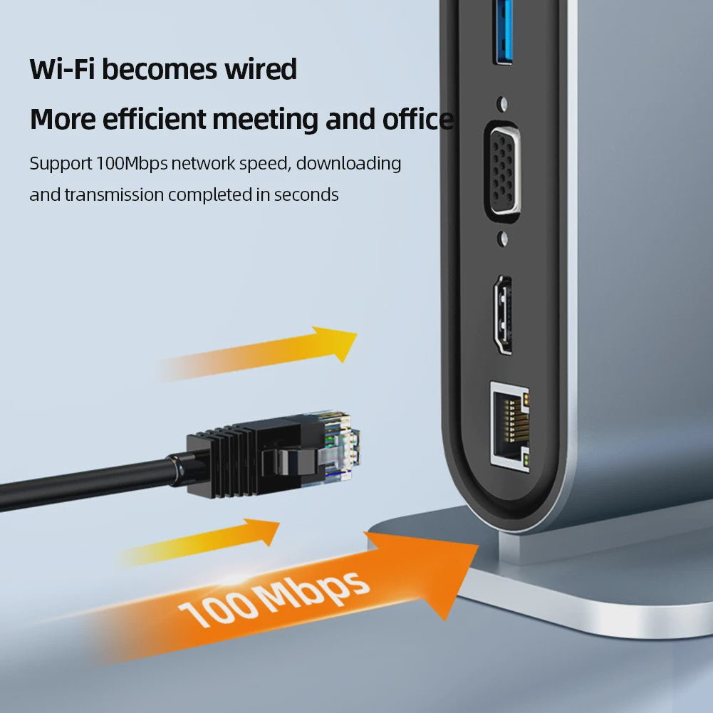 USB-C Docking Station 100W PD, 4K HDMI, VGA, RJ45, USB 3.0 Hub & SD/TF Kaartlezer