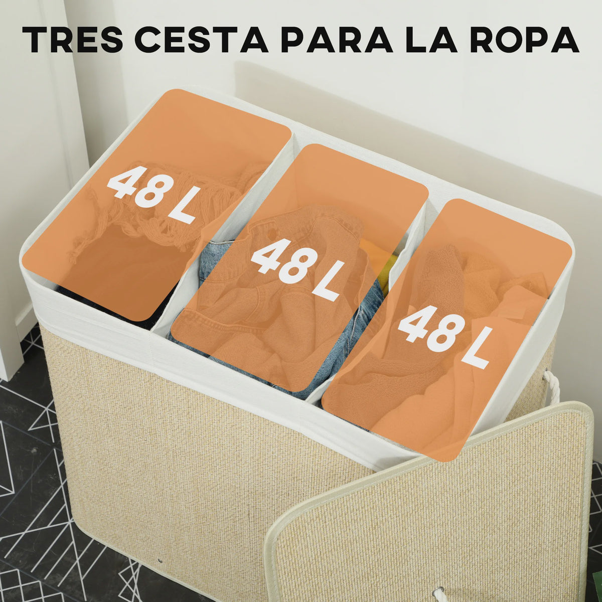 Homcom Bamboe Wasemmer met Deksel & 3 Vakken - 144L, Afneembare Voering, Handvatten - 60x40x60 cm