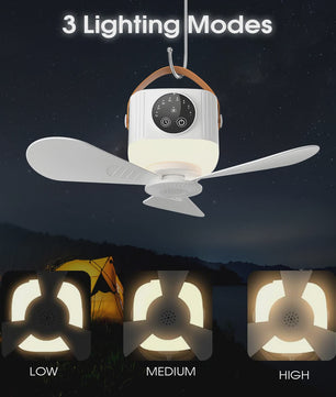 Oplaadbare Hangende Ventilator met 3600mAh Batterij, 4 Snelheden & 3 Lichtstanden - Draagbaar voor Camping & Reizen