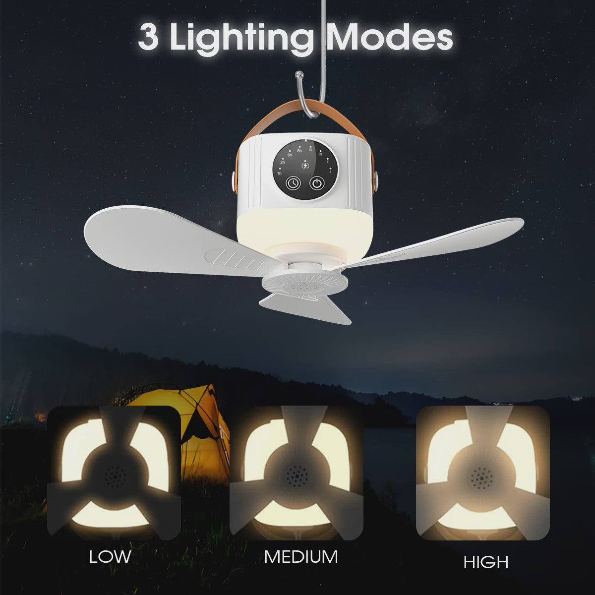 Oplaadbare Hangende Ventilator met 3600mAh Batterij, 4 Snelheden & 3 Lichtstanden - Draagbaar voor Camping & Reizen
