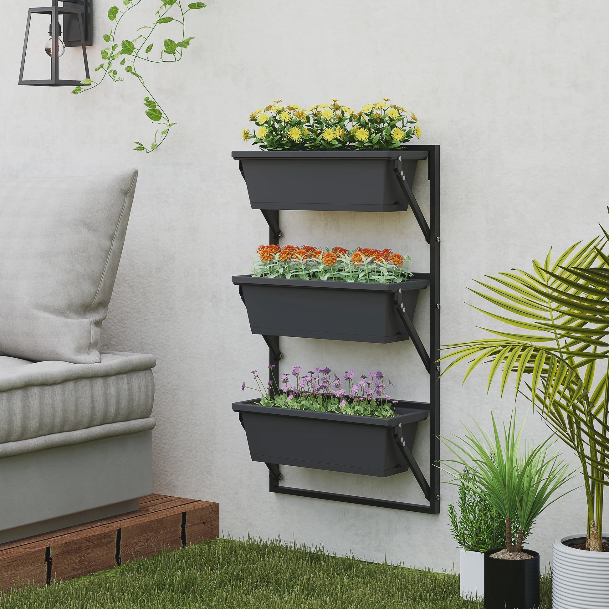 Verticale Plantenbak 3 Lagen - Vierkante Buitenpotten met Drainage en Staal Frame