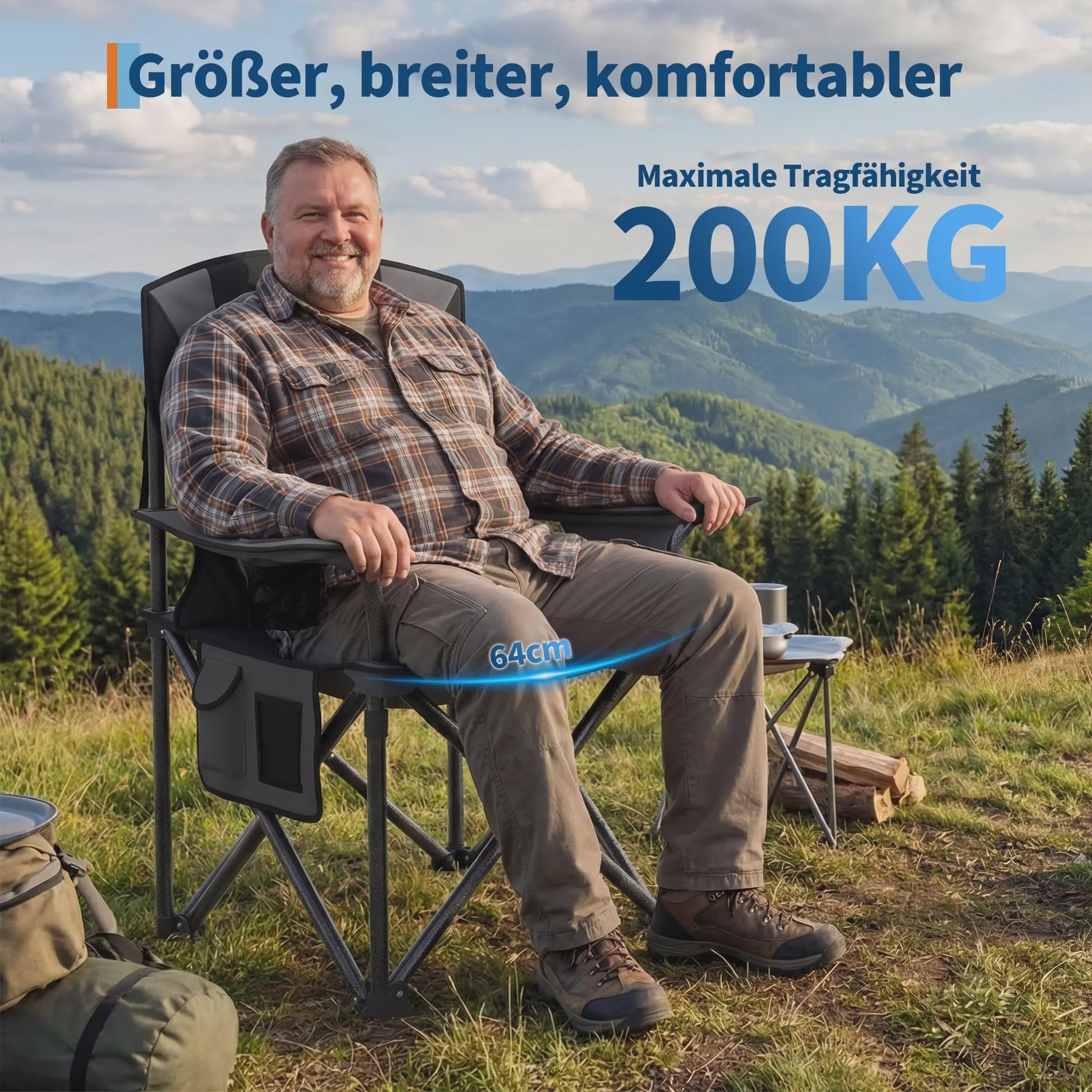 Extra Brede Klapstoel 64cm met Hoge Rugleuning en Bekerhouder - 200KG Draagkracht