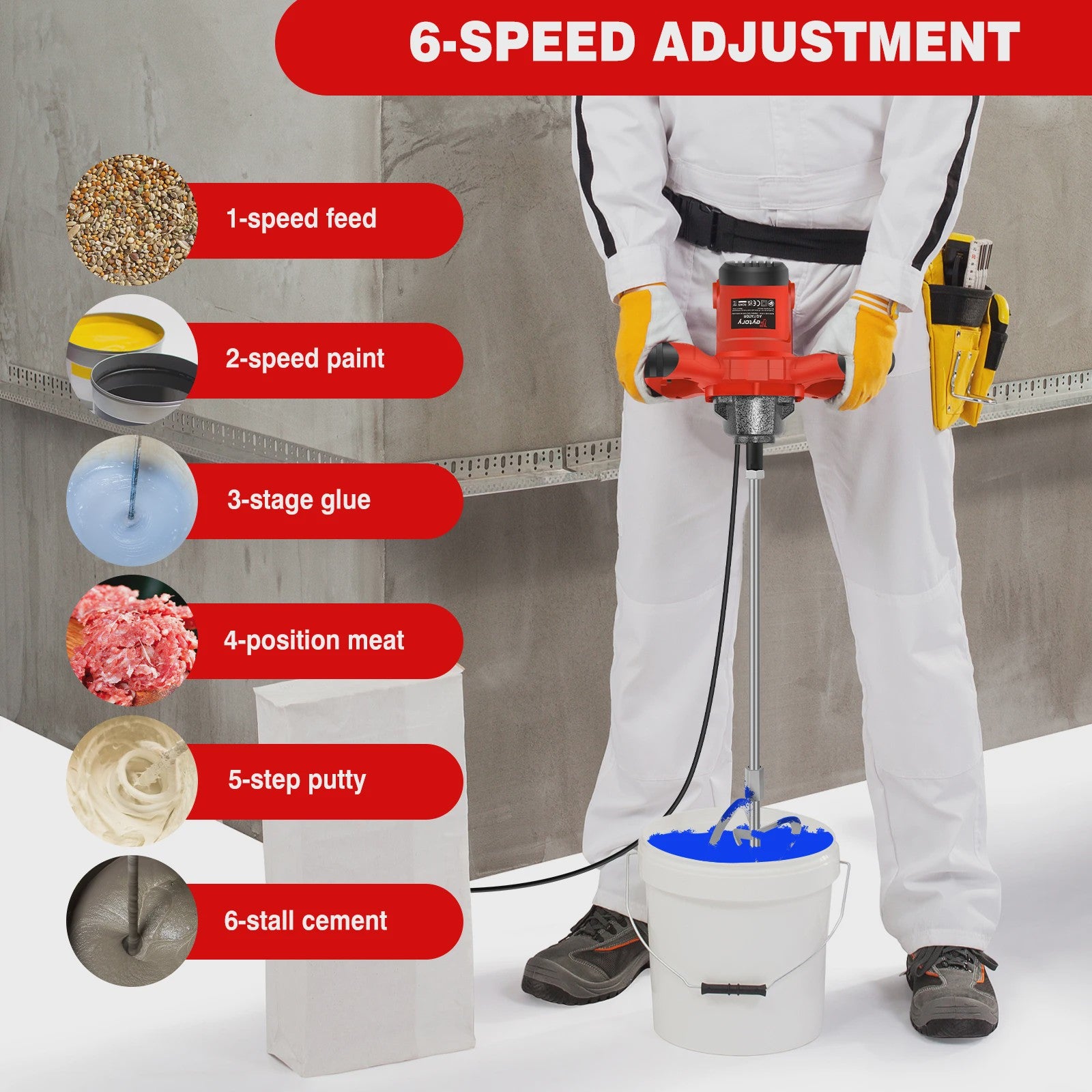 Krachtige Handmixer 2600W - 6 Snelheden voor Verf, Cement en Meer