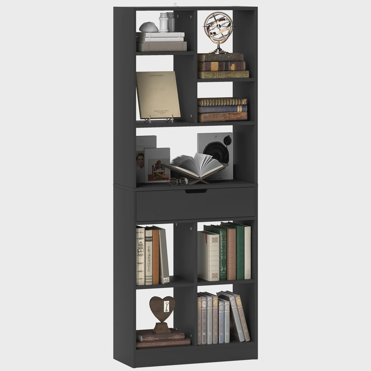 Stijlvolle Houten Boekenkast met Lade en 9 Open Vakken - 60x26x158cm