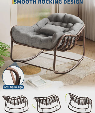 Oversized Rotan Wipstoel met Dik Kussen - Moderne Wicker Lounge Stoel voor Binnen & Buiten