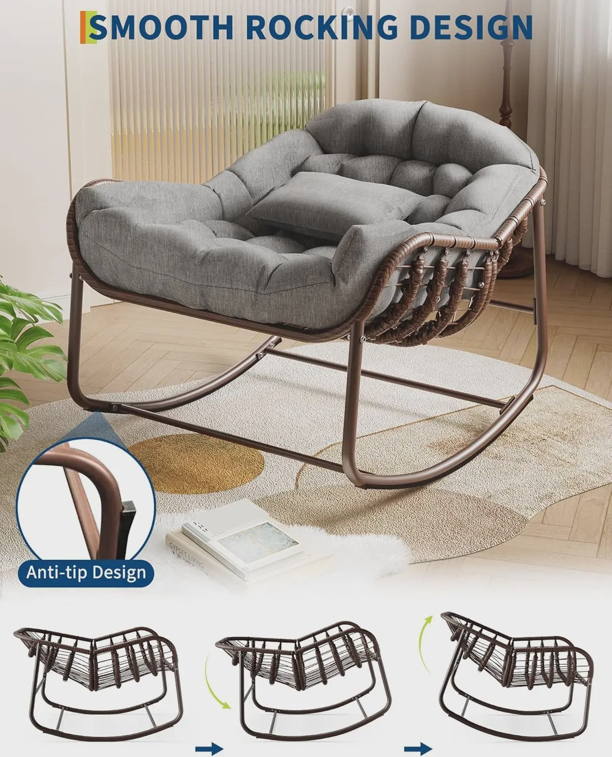 Oversized Rotan Wipstoel met Dik Kussen - Moderne Wicker Lounge Stoel voor Binnen & Buiten