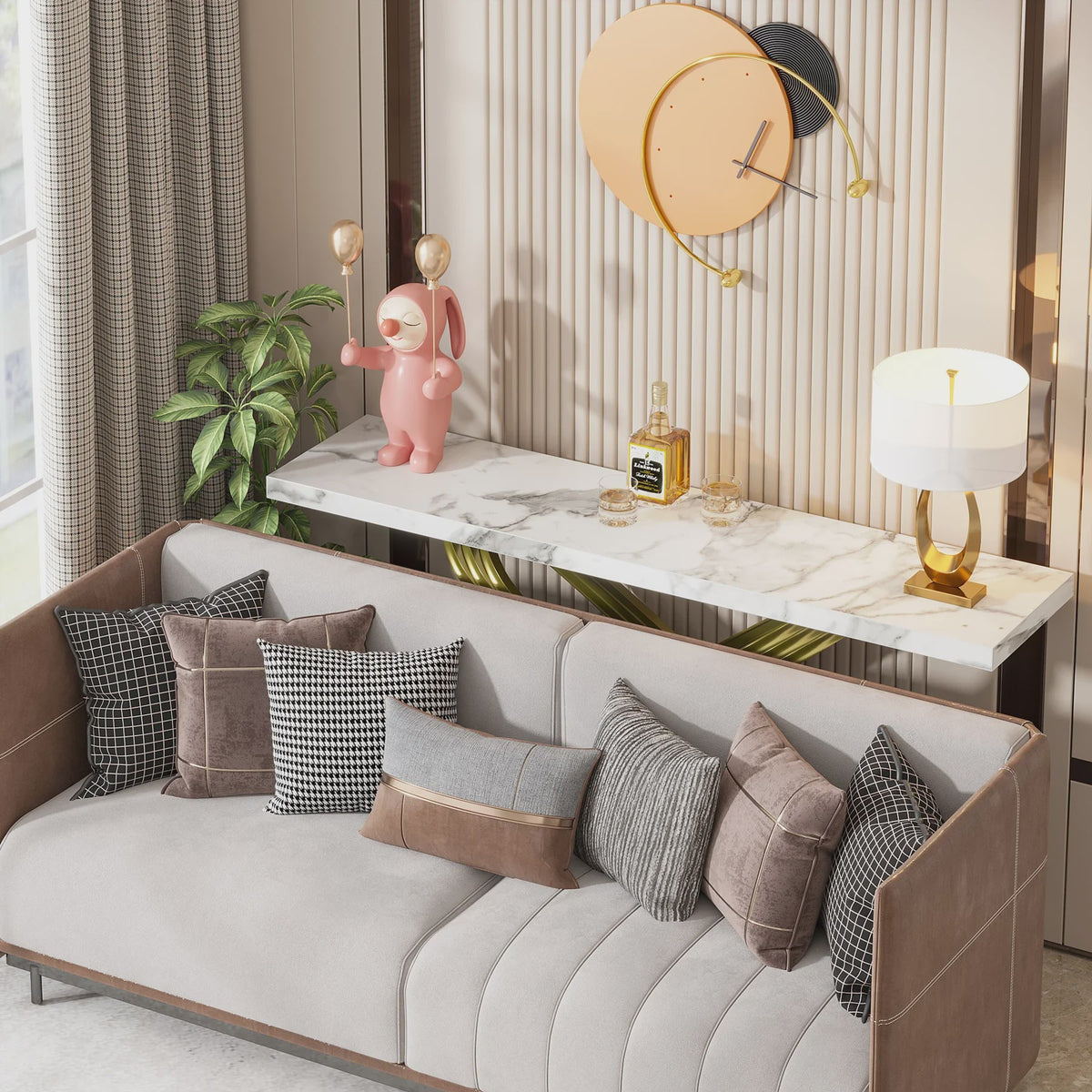 Moderne Console Tafel met Faux Marmer en Gouden X-Frame - 140 cm