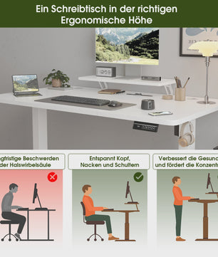 Elektrisch In Hoogte Verstelbaar Bureau 160x70cm Wit met Monitorstandaard - Ergonomisch Zit-Sta Werkplek