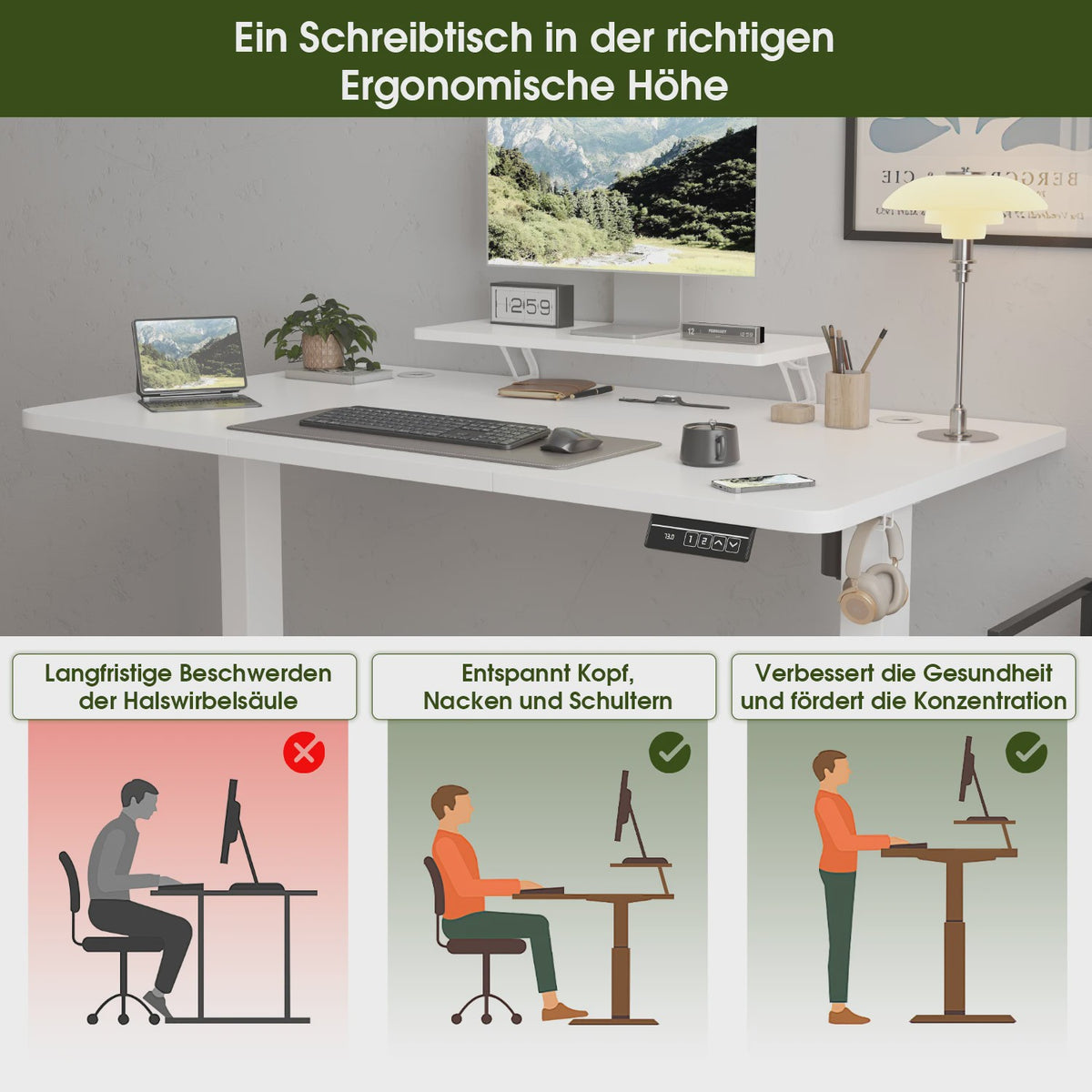 Elektrisch In Hoogte Verstelbaar Bureau 160x70cm Wit met Monitorstandaard - Ergonomisch Zit-Sta Werkplek