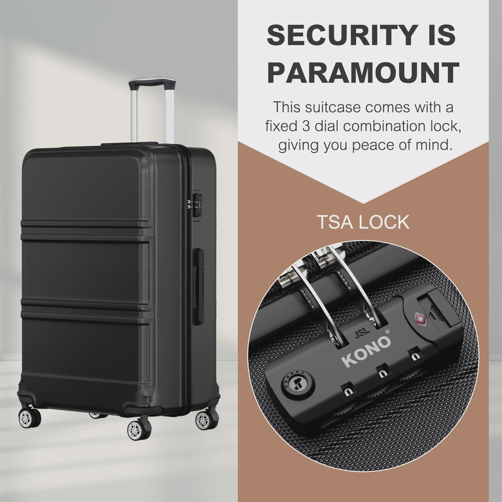 KONO Lichtgewicht ABS+PC Koffer met 4 Twin Wheels en TSA Slot - 36L tot 141L