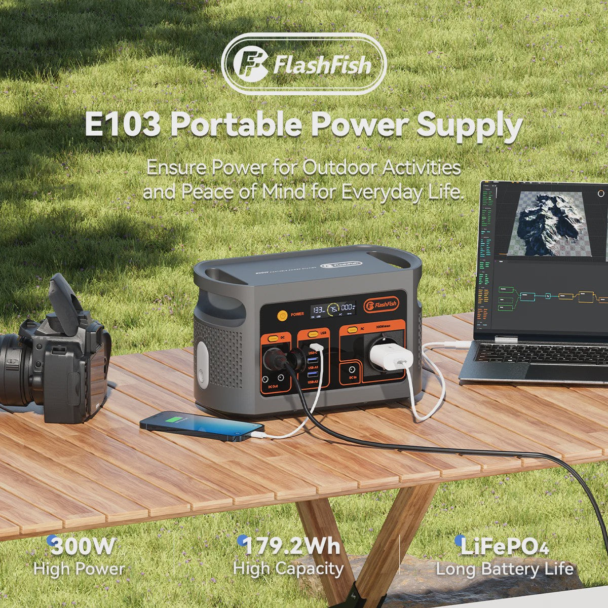 Flashfish E103 Power Station: 300W Draagbare Energiecentrale met 179.2Wh LiFePO4 Batterij