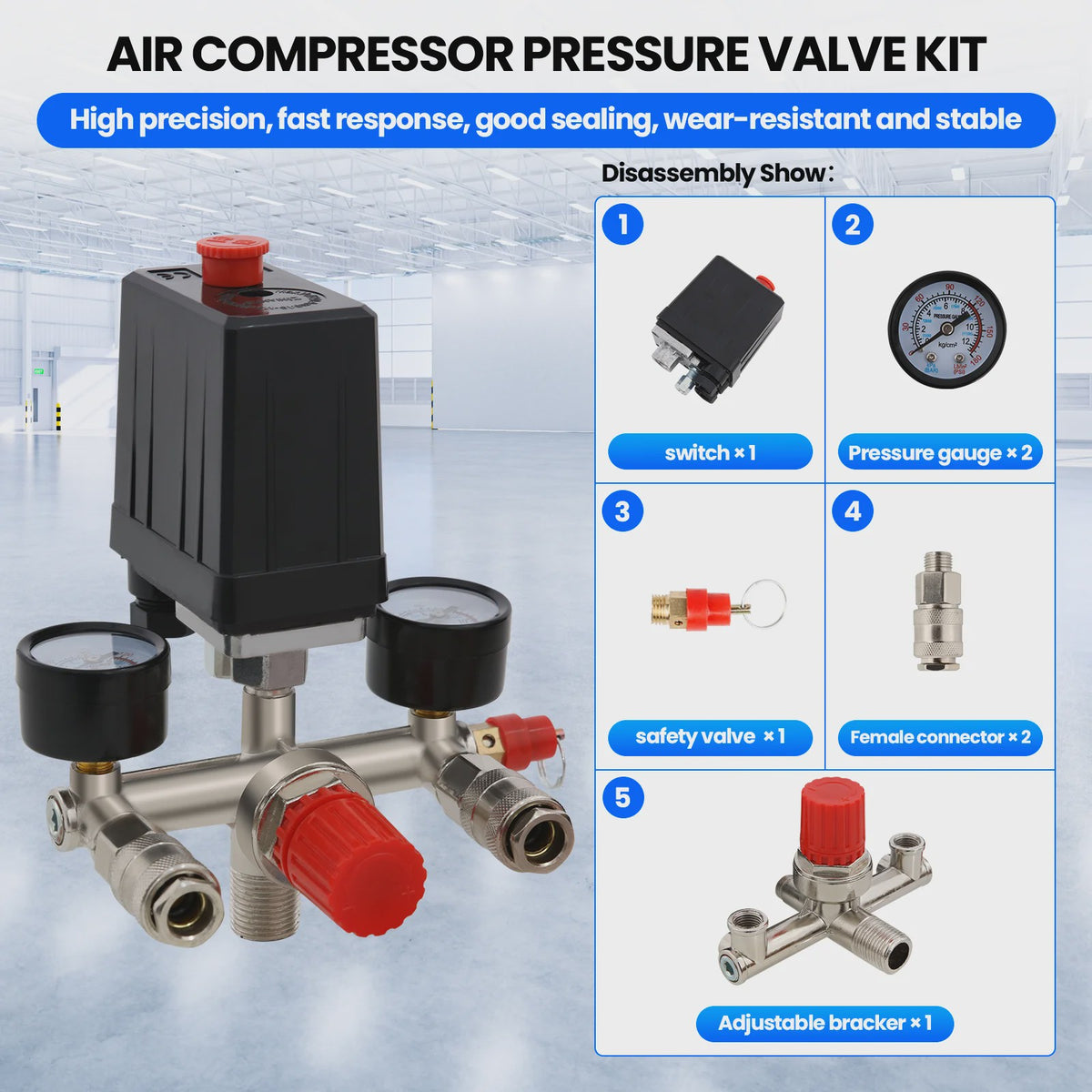 Automatische Drukregelaar Kit voor Compressor met Dubbele Manometers