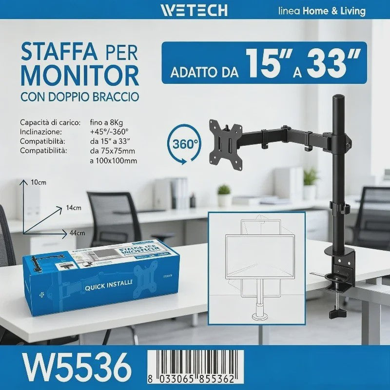 WETECH W5536 Monitor Arm: Verstelbare Desk Mount voor 15-33 Inch Schermen, 8kg Belasting, VESA 75/100, 360° Rotatie