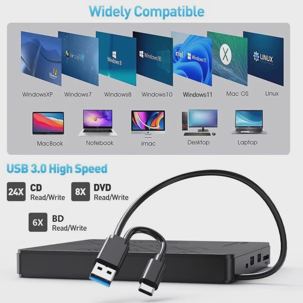 Externe 5-in-1 Blu-ray Drive: BD/DVD/CD Brander & Lezer voor Laptop & PC