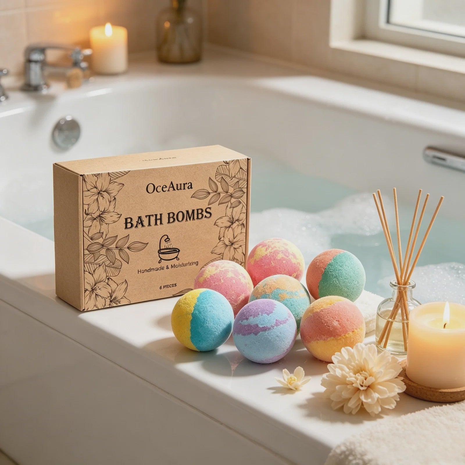 OceAura Luxe Badzout Set - 6x Ontspannende Bath Bombs met Lily, Rose & Rosemary - Huidverbeterend & Hydraterend