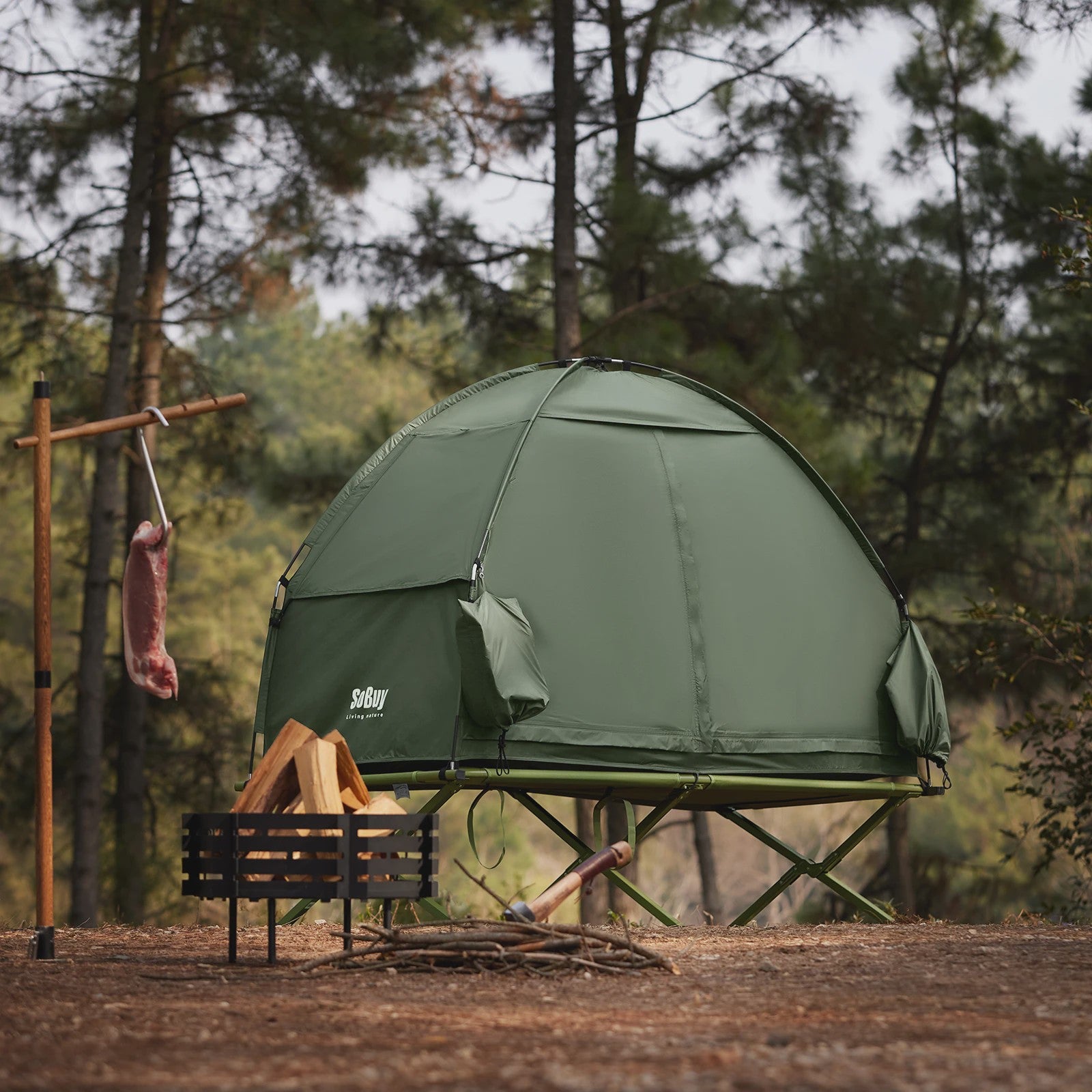 SoBuy 3-in-1 Camping Tent voor 1 Persoon - Groen met Lamp- en Schoenenopslag