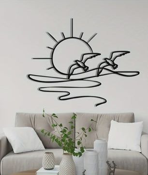 Zonsopgang Meeuwen Wanddecoratie - Metaal Lijnkunst voor Kust & Strandhuis Stijl